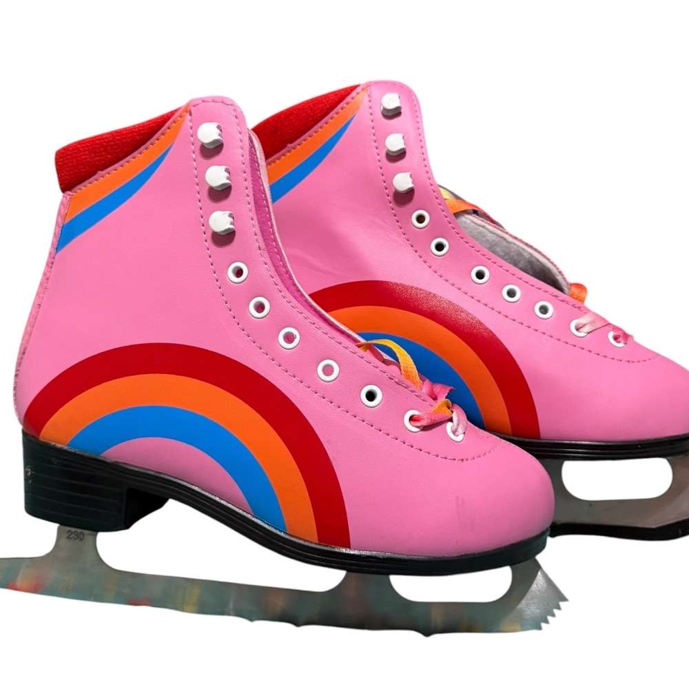 Levytemp Pink Rainbow Ice Skates Womens Size 7 Figure Skates Multi Color Laces
